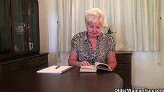 Highly sexed grandma Sandie rubs her pierced clit porn video